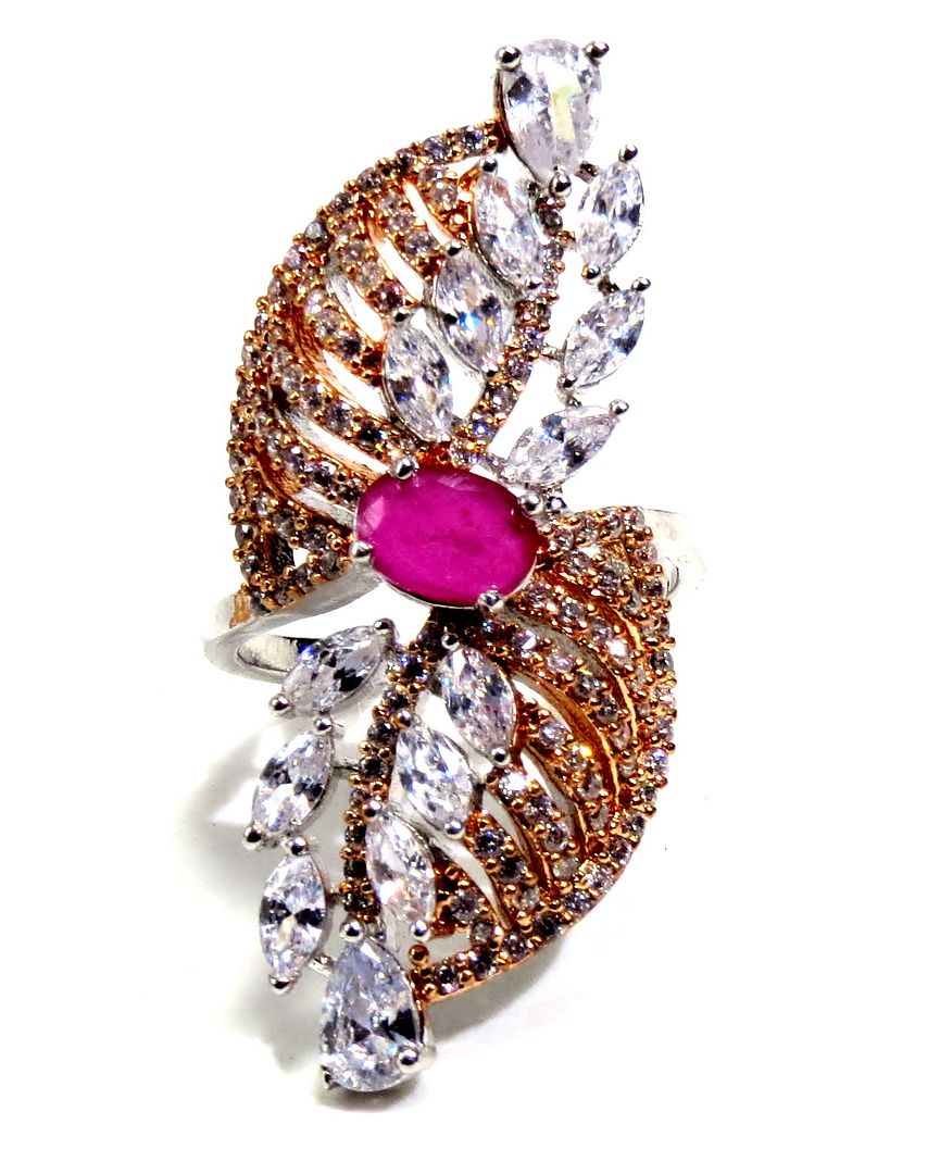 Jewelshingar Jewellery American Diamond Red Colour Size 18 Silver Plated Ring For Girls ( 93084RIN )