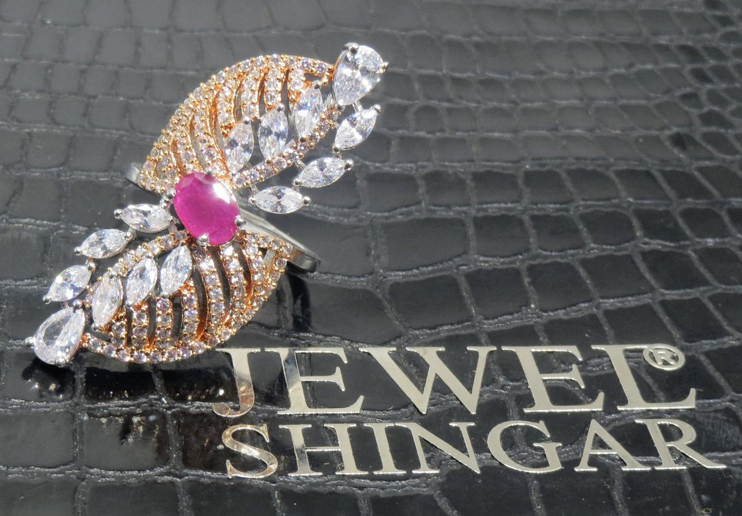 Jewelshingar Jewellery American Diamond Red Colour Size 18 Silver Plated Ring For Girls ( 93084RIN )