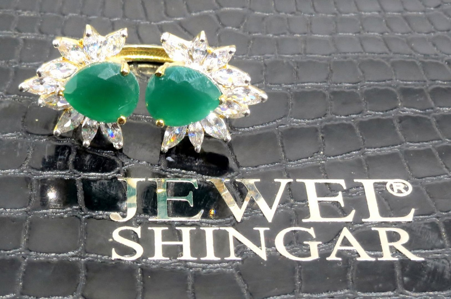 Jewelshingar Jewellery American Diamond Green Colour Size Freesize Gold Plated Ring For Girls ( 93094RIN )