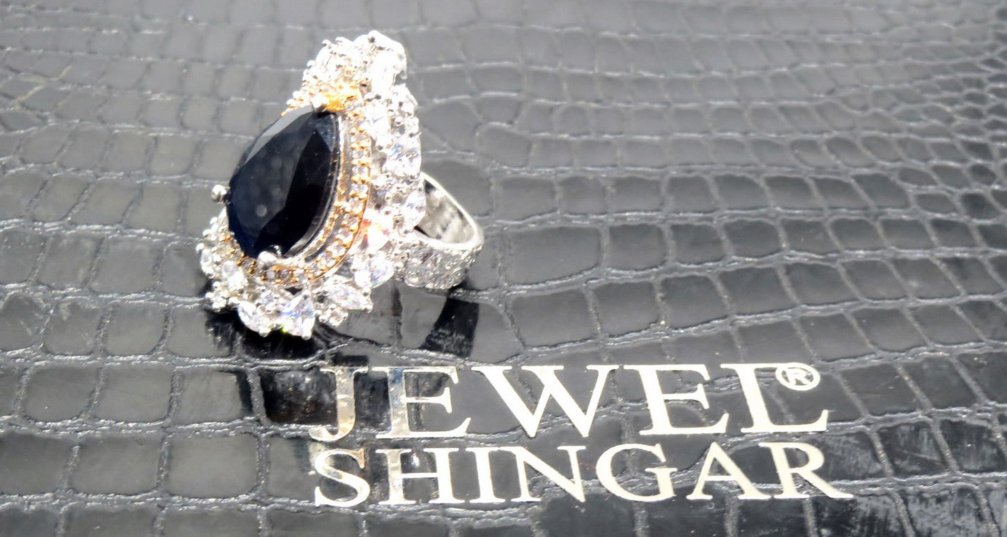 Jewelshingar Jewellery American Diamond Black Colour Size 15 Silver Plated Ring For Girls ( 93104RIN )