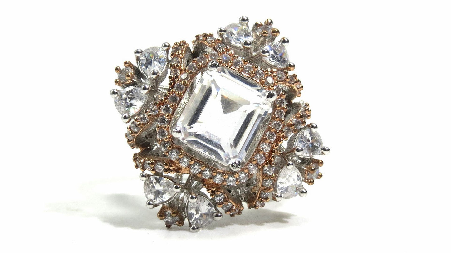 Jewelshingar Jewellery American Diamond Clear Colour Size 17 Silver Gold Plated Ring For Girls ( 93159RIN )