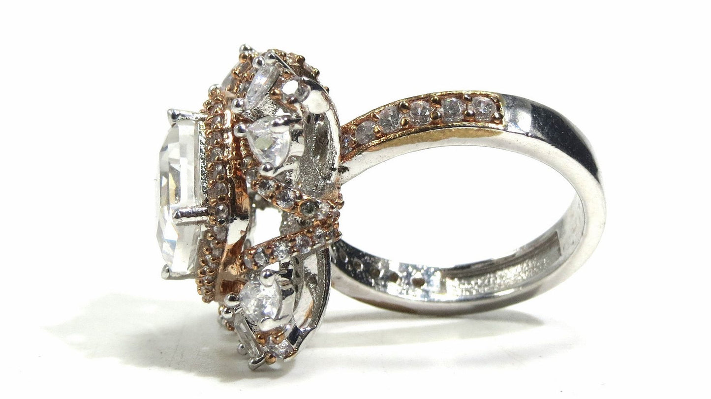 Jewelshingar Jewellery American Diamond Clear Colour Size 17 Silver Gold Plated Ring For Girls ( 93159RIN )