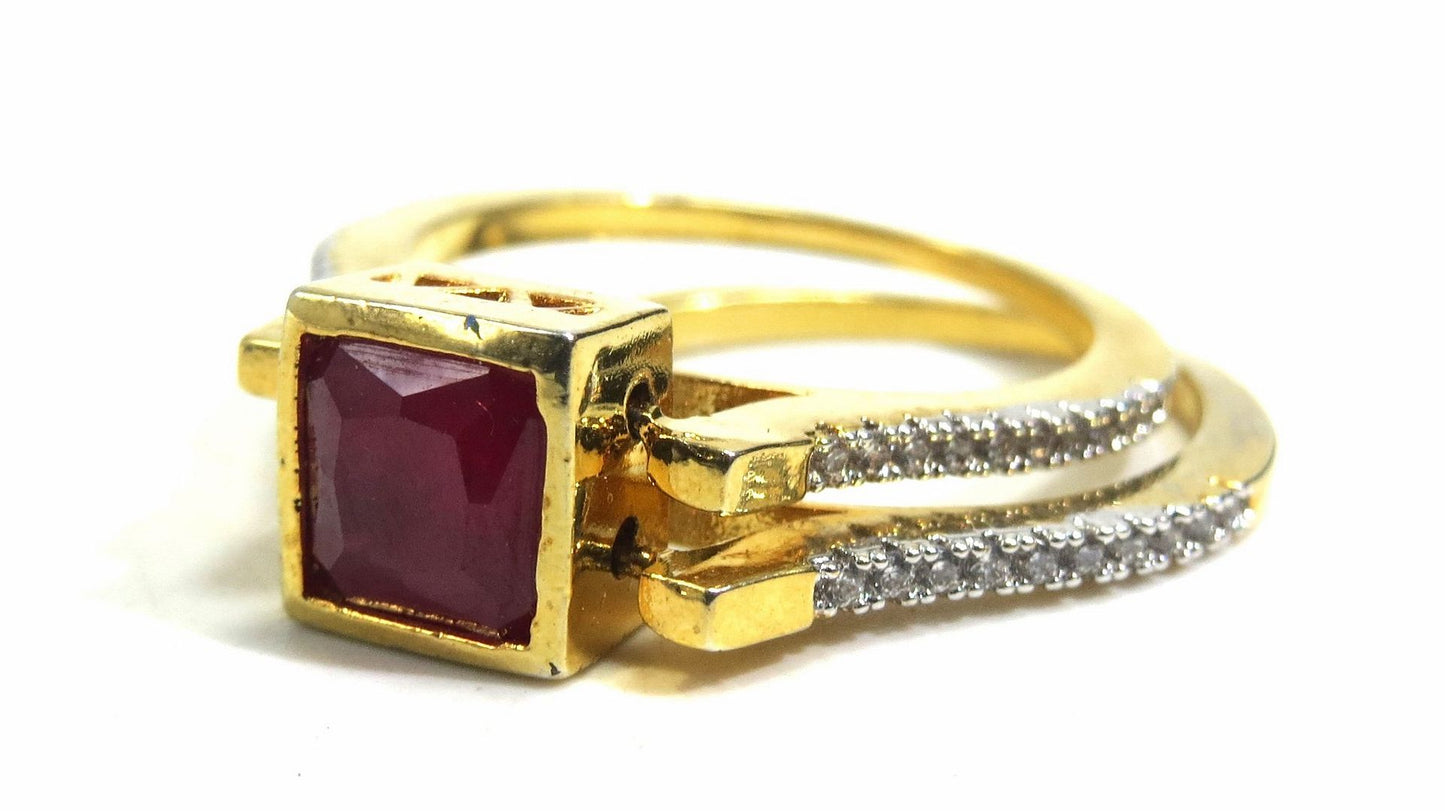 Jewelshingar Jewellery American Diamond Red Colour Size 12 Gold Plated Ring For Girls ( 93203RIN )