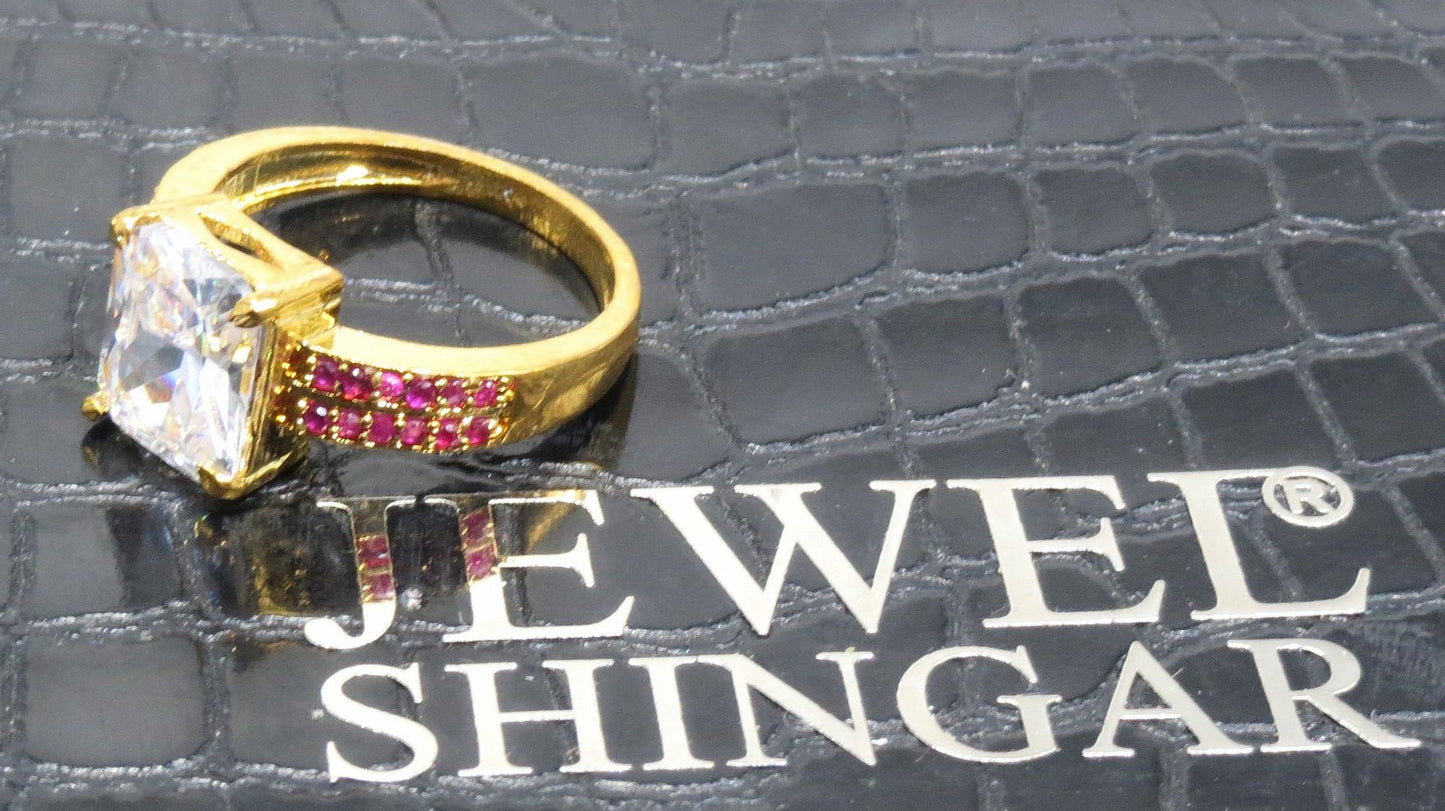 Jewelshingar Jewellery American Diamond Red Colour Size 19 Gold Plated Ring For Girls ( 93404RIN )