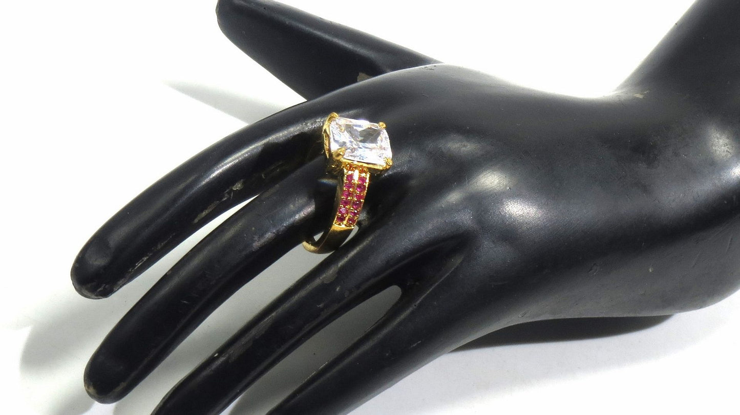 Jewelshingar Jewellery American Diamond Red Colour Size 19 Gold Plated Ring For Girls ( 93404RIN )