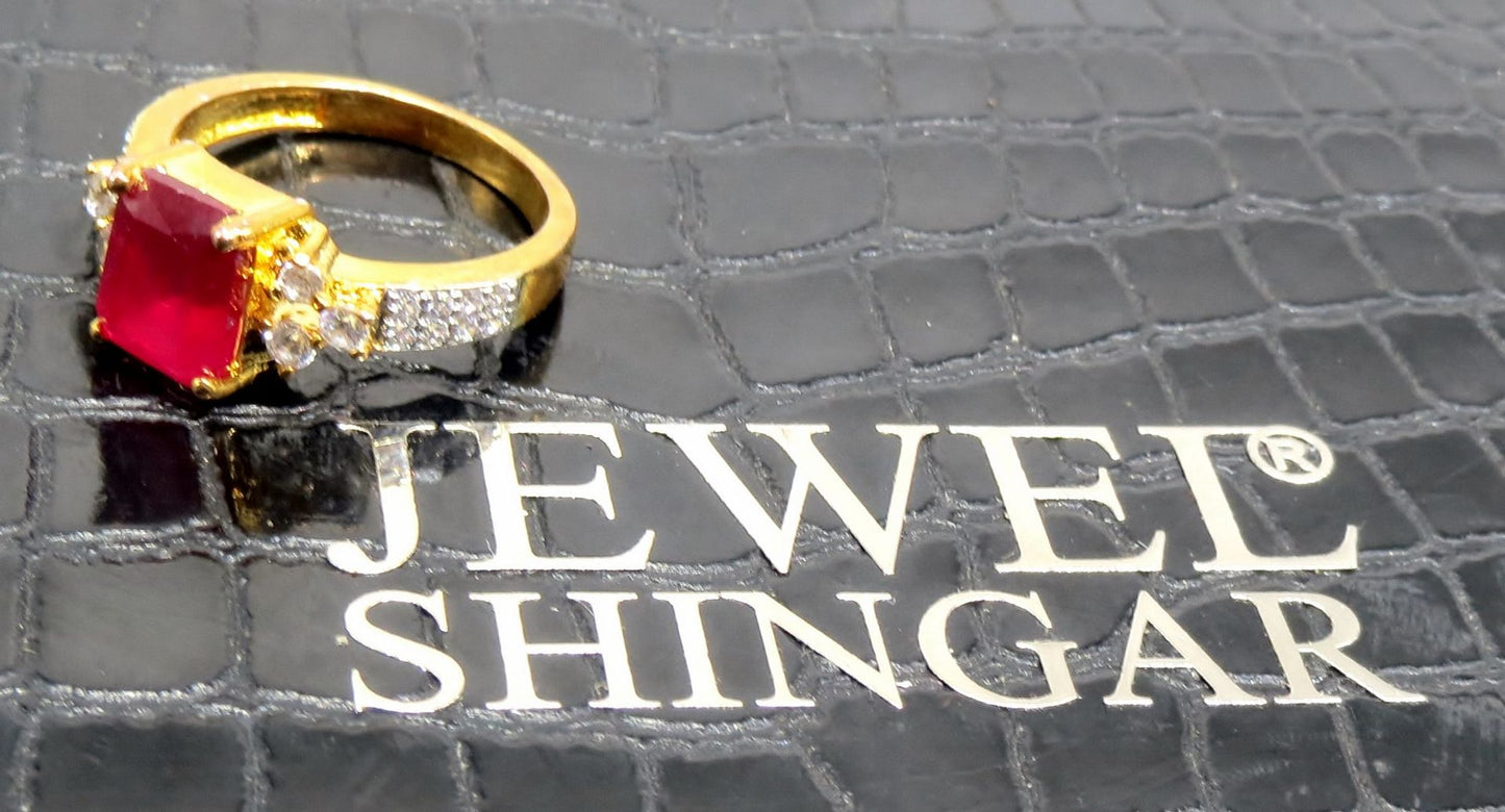 Jewelshingar Jewellery American Diamond Red Colour Size 16 Gold Plated Ring For Girls ( 93434RIN )
