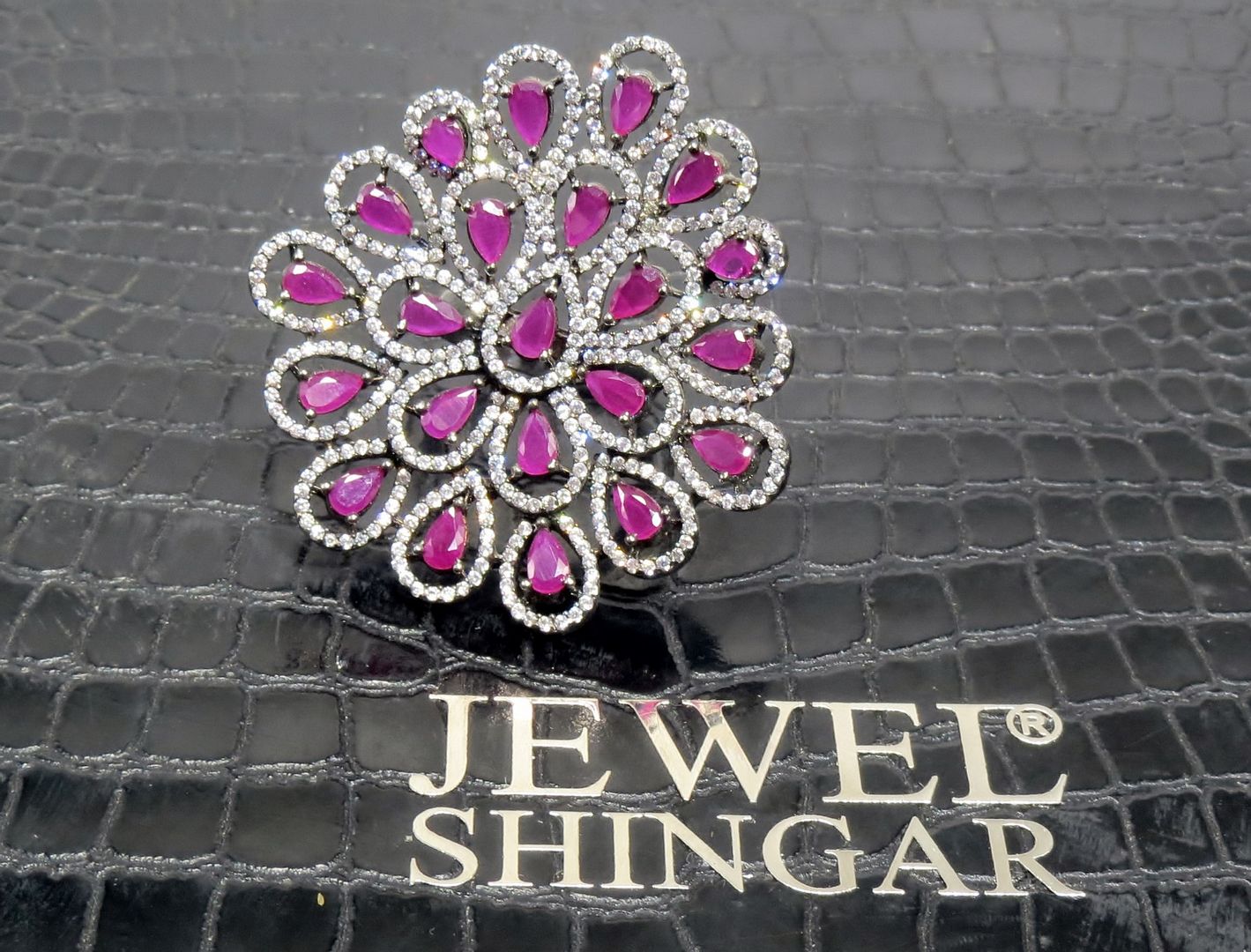 Jewelshingar Jewellery American Diamond Red Colour Size Freesize Victorian Plated Ring For Girls ( 93480FSR )
