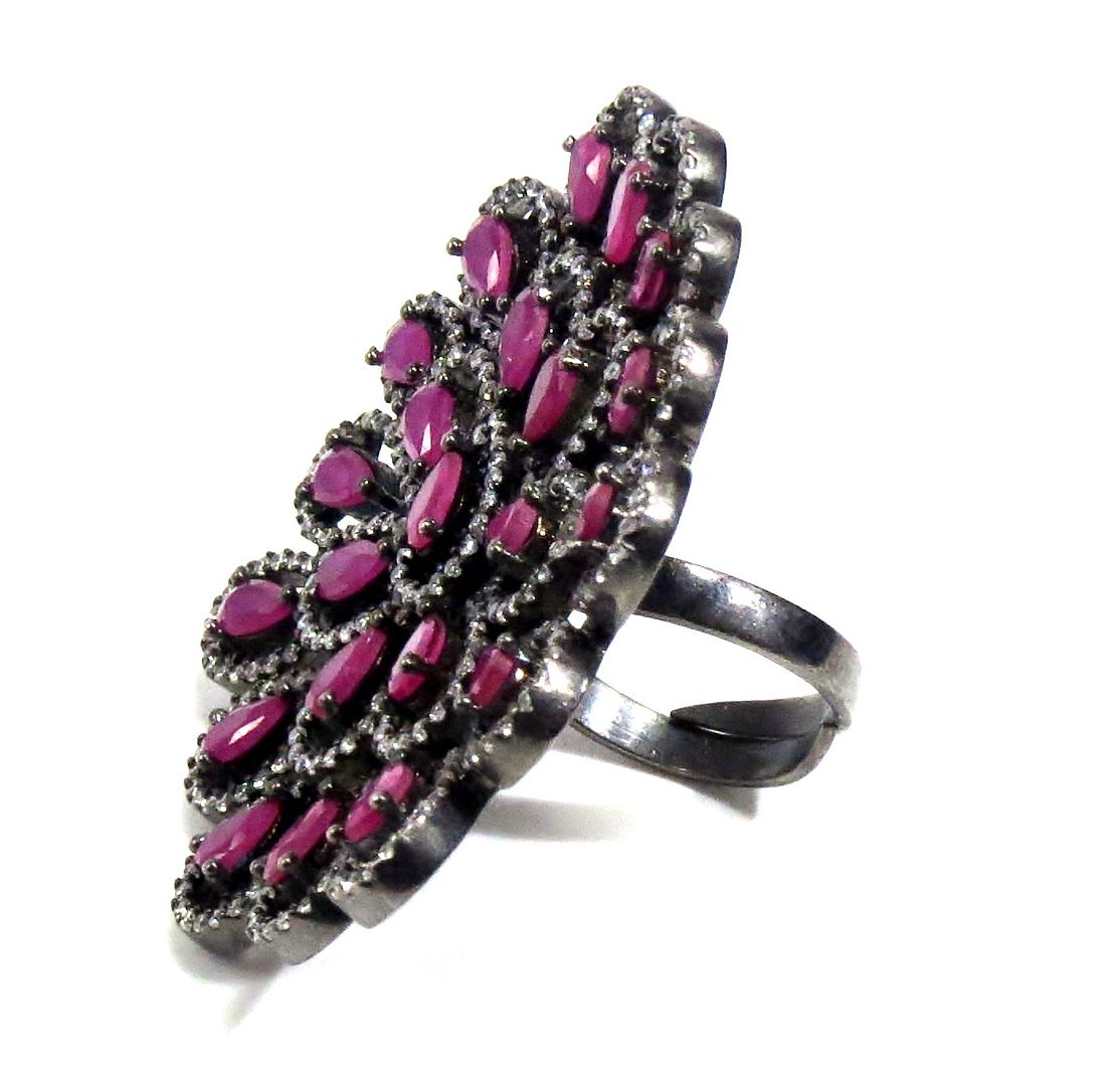 Jewelshingar Jewellery American Diamond Red Colour Size Freesize Victorian Plated Ring For Girls ( 93480FSR )