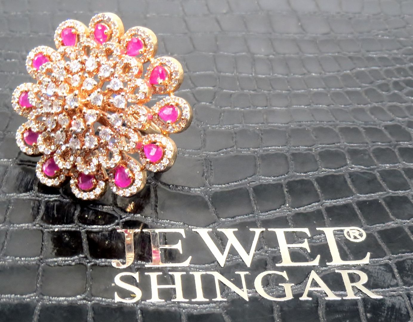 Jewelshingar Jewellery American Diamond Red Colour Size Freesize Gold Plated Ring For Girls ( 93499FSR )