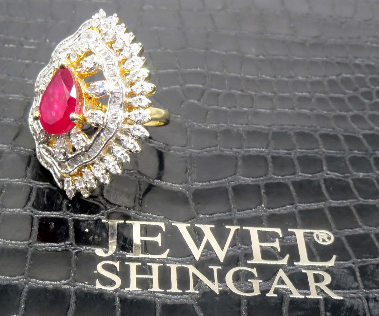 Jewelshingar Jewellery American Diamond Red Colour Size Freesize Gold Plated Ring For Girls ( 93524FSR )