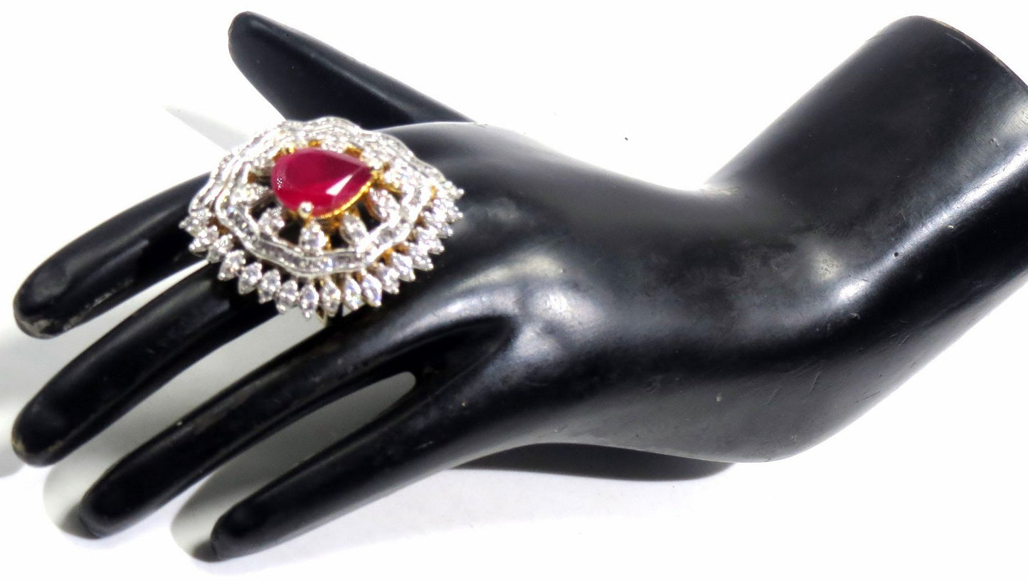Jewelshingar Jewellery American Diamond Red Colour Size Freesize Gold Plated Ring For Girls ( 93524FSR )
