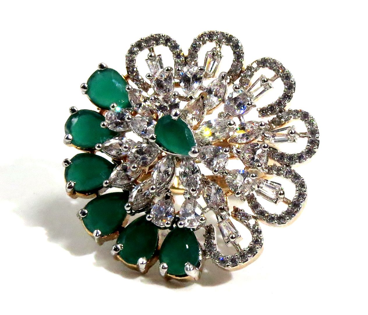 Jewelshingar Jewellery American Diamond Green Colour Size Freesize Gold Plated Ring For Girls ( 93529FSR )
