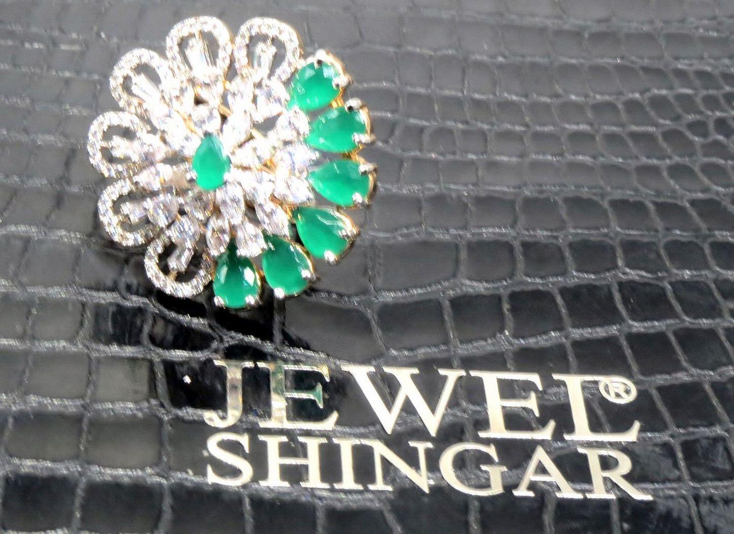 Jewelshingar Jewellery American Diamond Green Colour Size Freesize Gold Plated Ring For Girls ( 93529FSR )