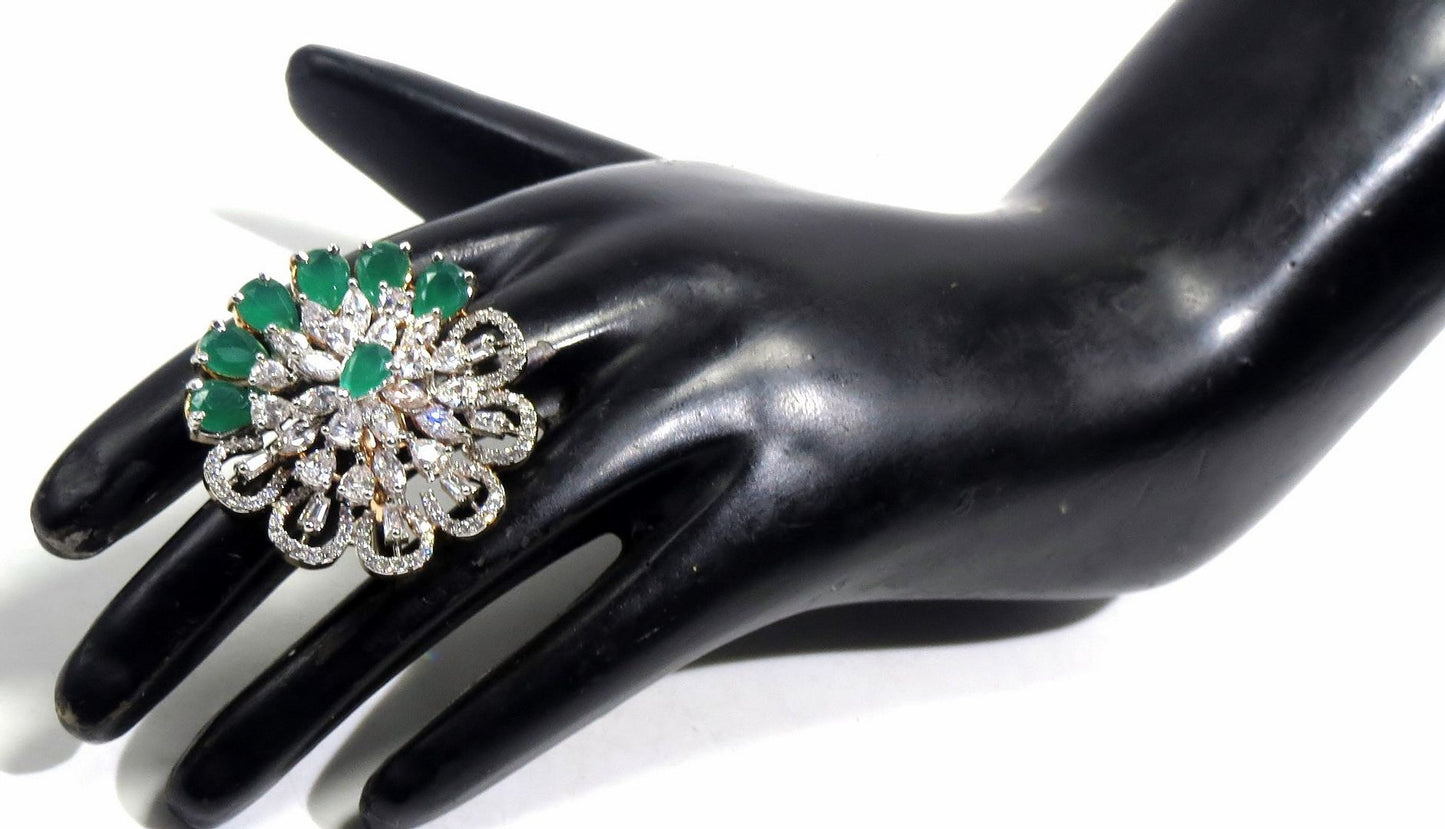 Jewelshingar Jewellery American Diamond Green Colour Size Freesize Gold Plated Ring For Girls ( 93529FSR )