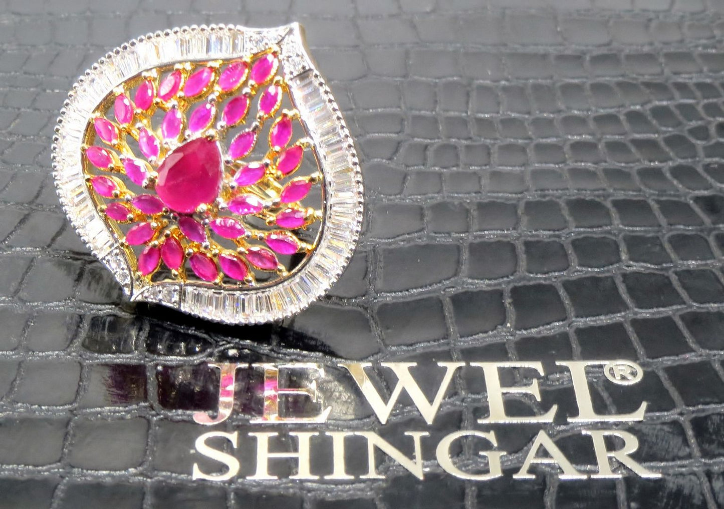 Jewelshingar Jewellery American Diamond Red Colour Size Freesize Gold Plated Ring For Girls ( 93554FSR )