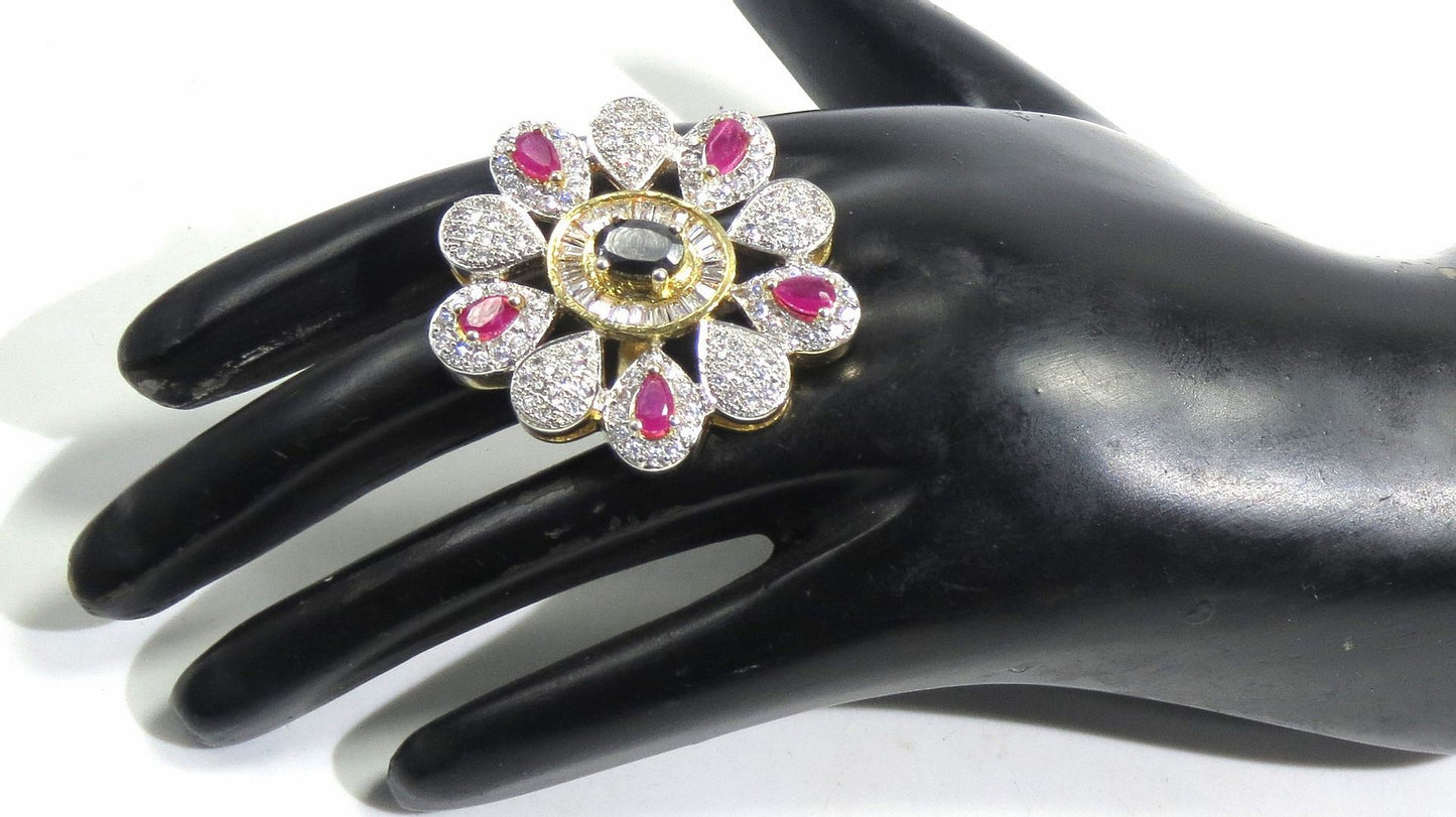 Jewelshingar Jewellery American Diamond Multi Colour Colour Size Freesize Gold Plated Ring For Girls ( 93564FSR )