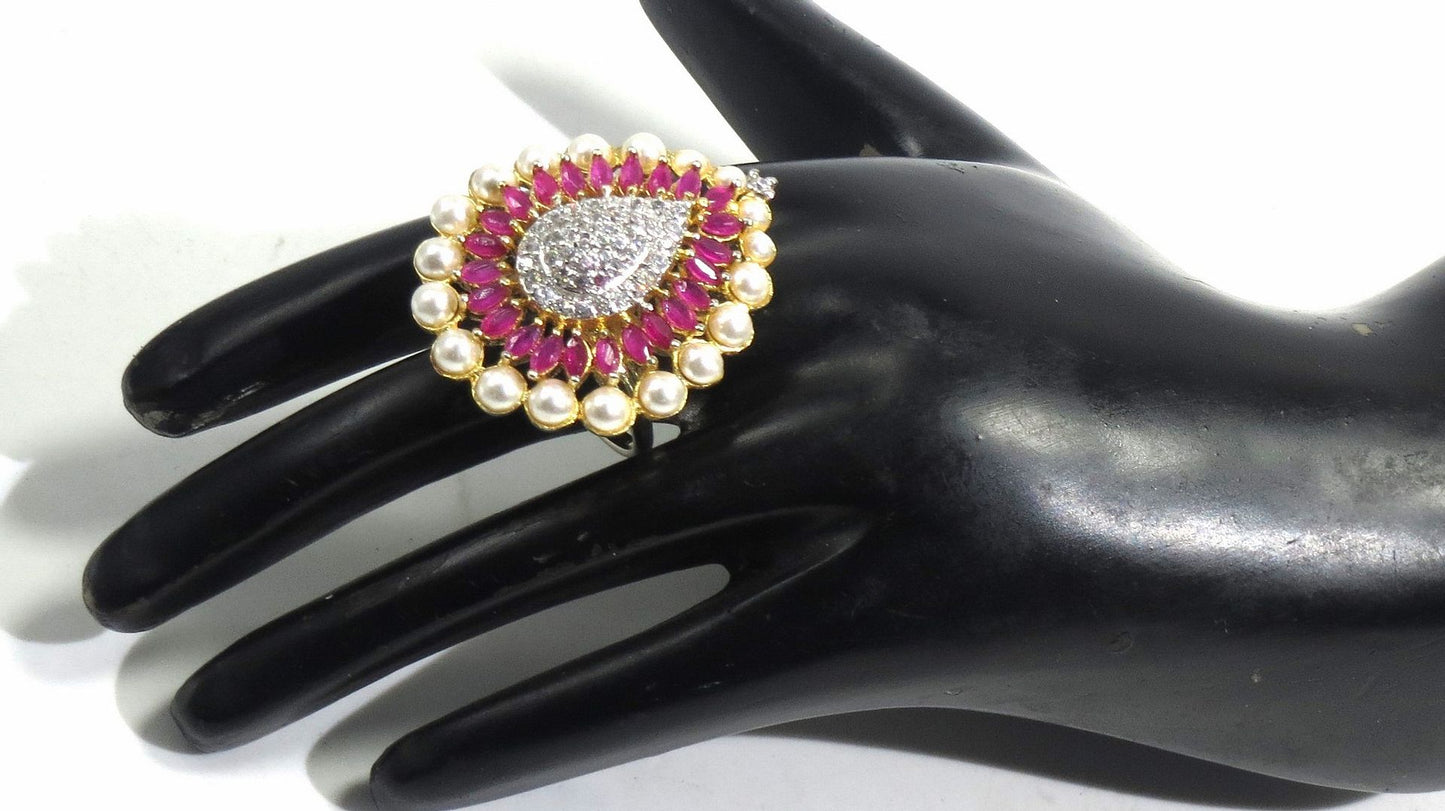 Jewelshingar Jewellery American Diamond Red Colour Size Freesize Gold Plated Ring For Girls ( 93569FSR )