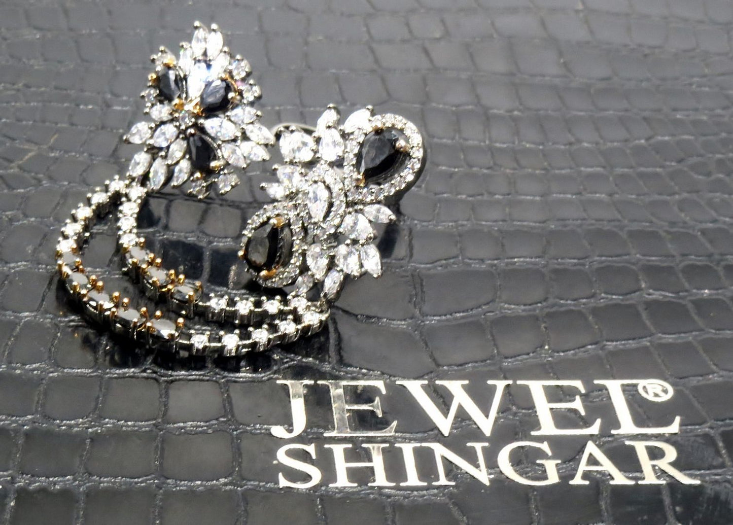 Jewelshingar Jewellery American Diamond Black Colour Size Freesize Victorian Plated Ring For Girls ( 93589FSR )