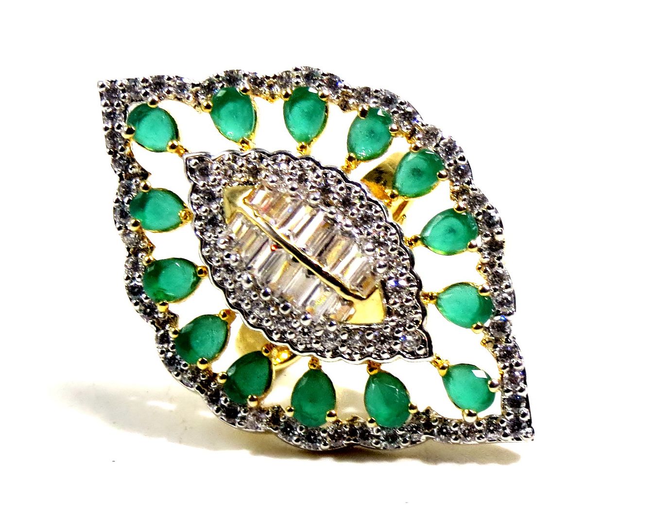 Jewelshingar Jewellery American Diamond Green Colour Size Freesize Gold Plated Ring For Girls ( 93594FSR )