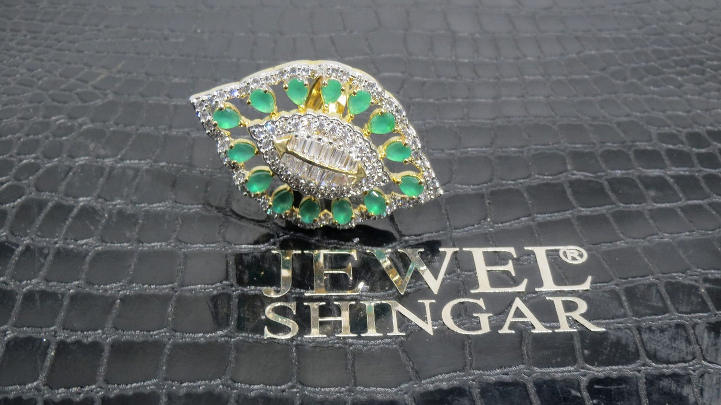 Jewelshingar Jewellery American Diamond Green Colour Size Freesize Gold Plated Ring For Girls ( 93594FSR )
