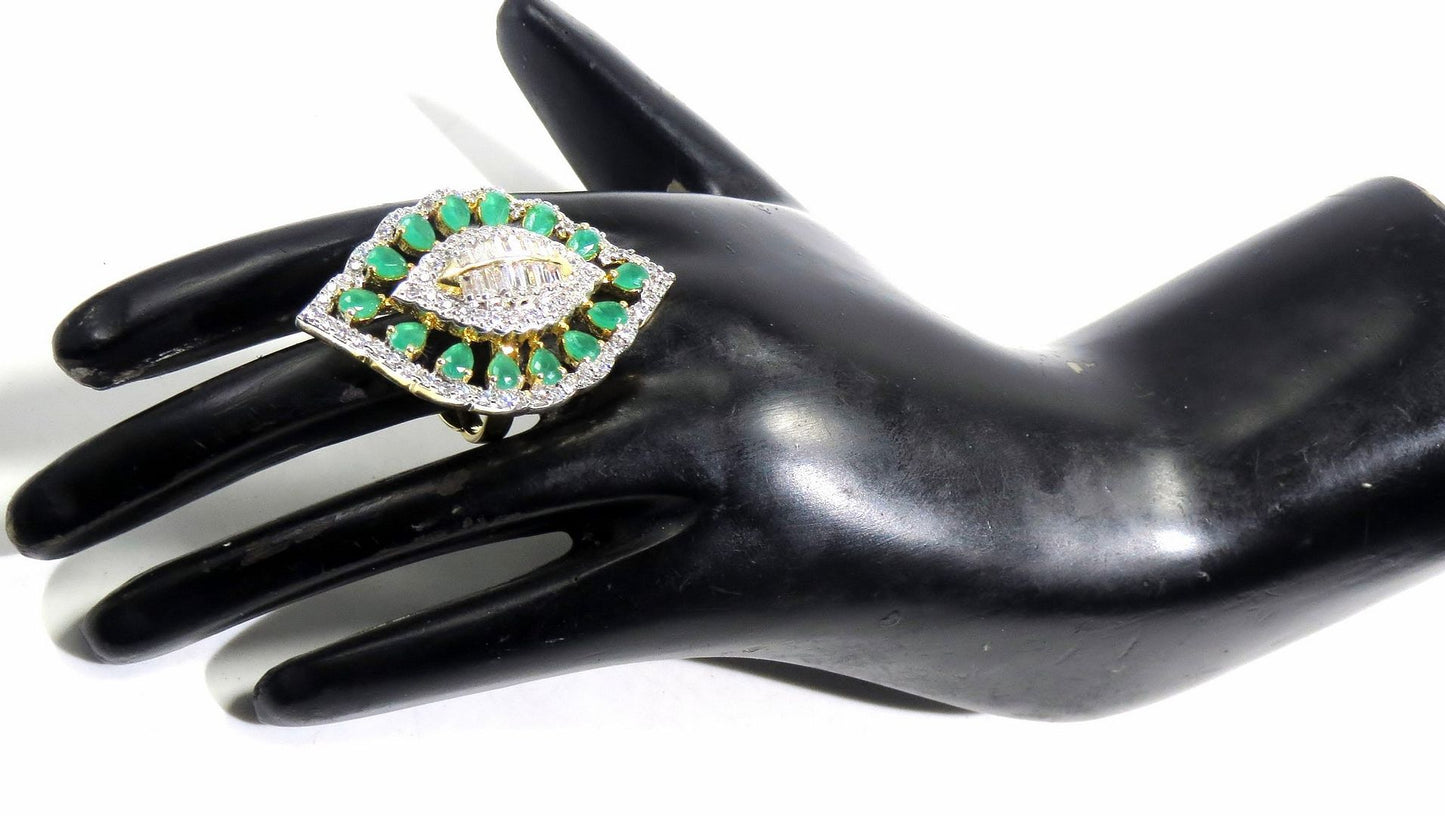 Jewelshingar Jewellery American Diamond Green Colour Size Freesize Gold Plated Ring For Girls ( 93594FSR )