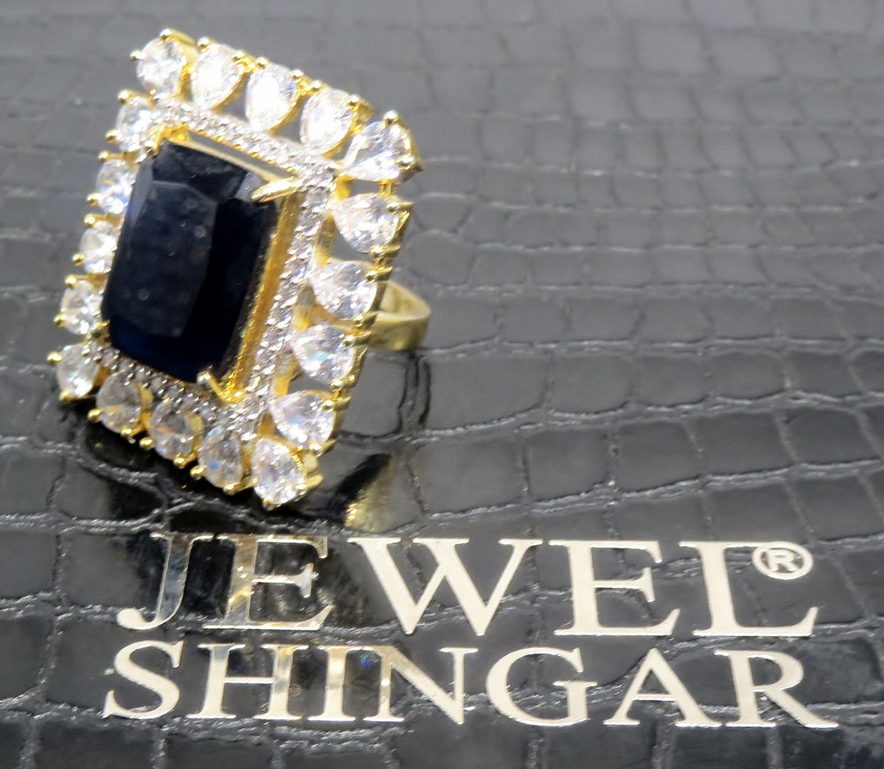 Jewelshingar Jewellery American Diamond Black Colour Size Freesize Gold Plated Ring For Girls ( 93622FSR )