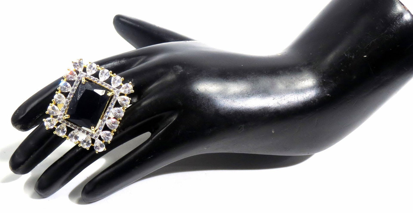 Jewelshingar Jewellery American Diamond Black Colour Size Freesize Gold Plated Ring For Girls ( 93622FSR )