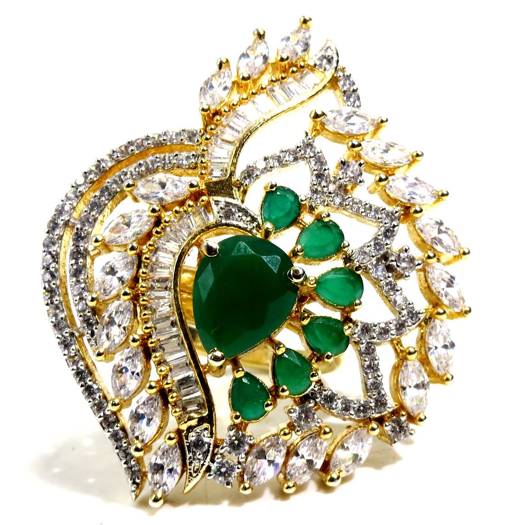 Jewelshingar Jewellery American Diamond Green Colour Size Freesize Gold Plated Ring For Girls ( 93642FSR )