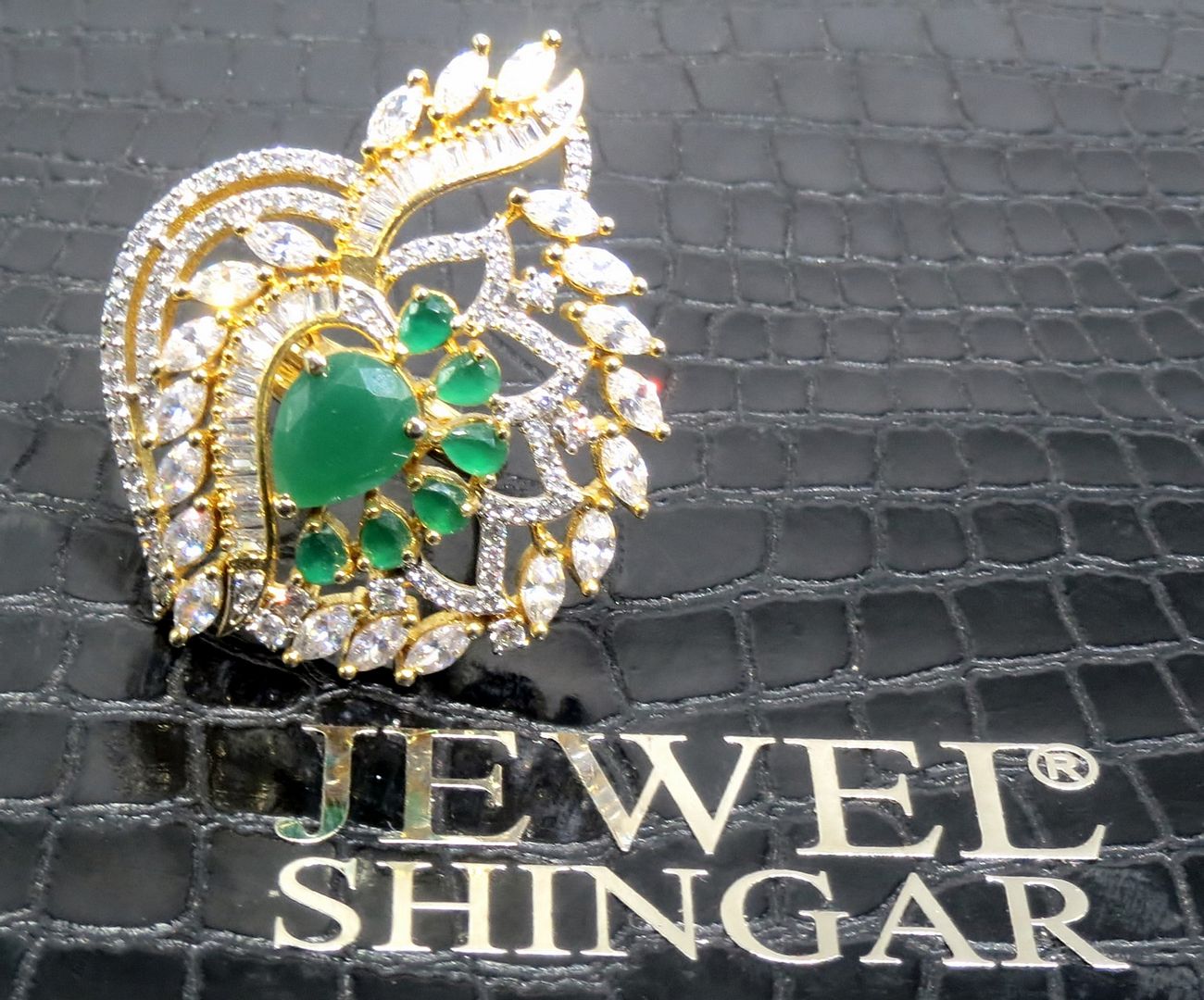 Jewelshingar Jewellery American Diamond Green Colour Size Freesize Gold Plated Ring For Girls ( 93642FSR )