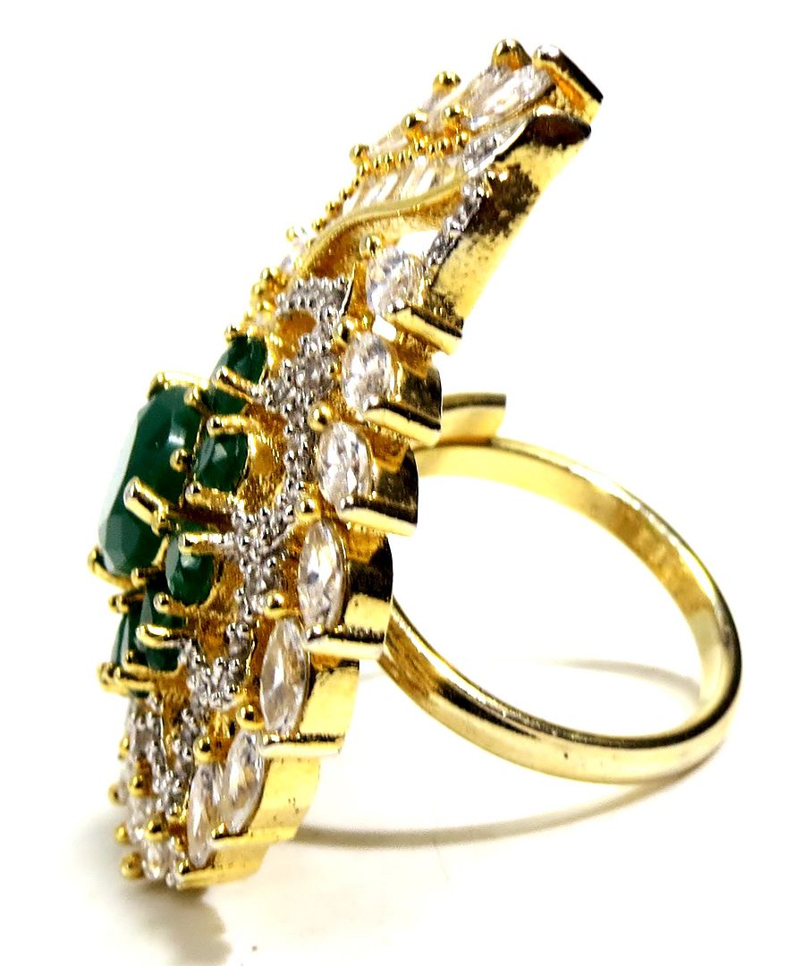 Jewelshingar Jewellery American Diamond Green Colour Size Freesize Gold Plated Ring For Girls ( 93642FSR )
