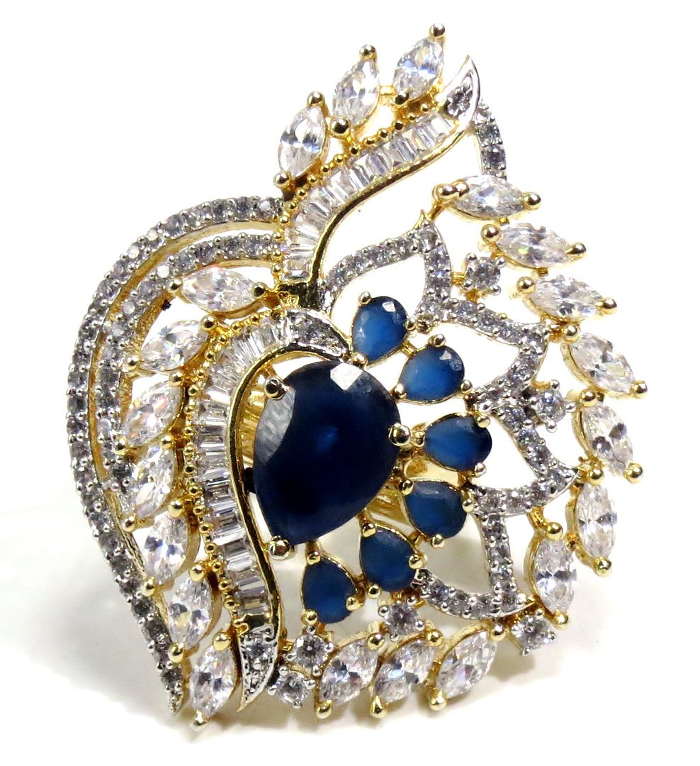 Jewelshingar Jewellery American Diamond Blue Colour Size Freesize Gold Plated Ring For Girls ( 93647FSR )