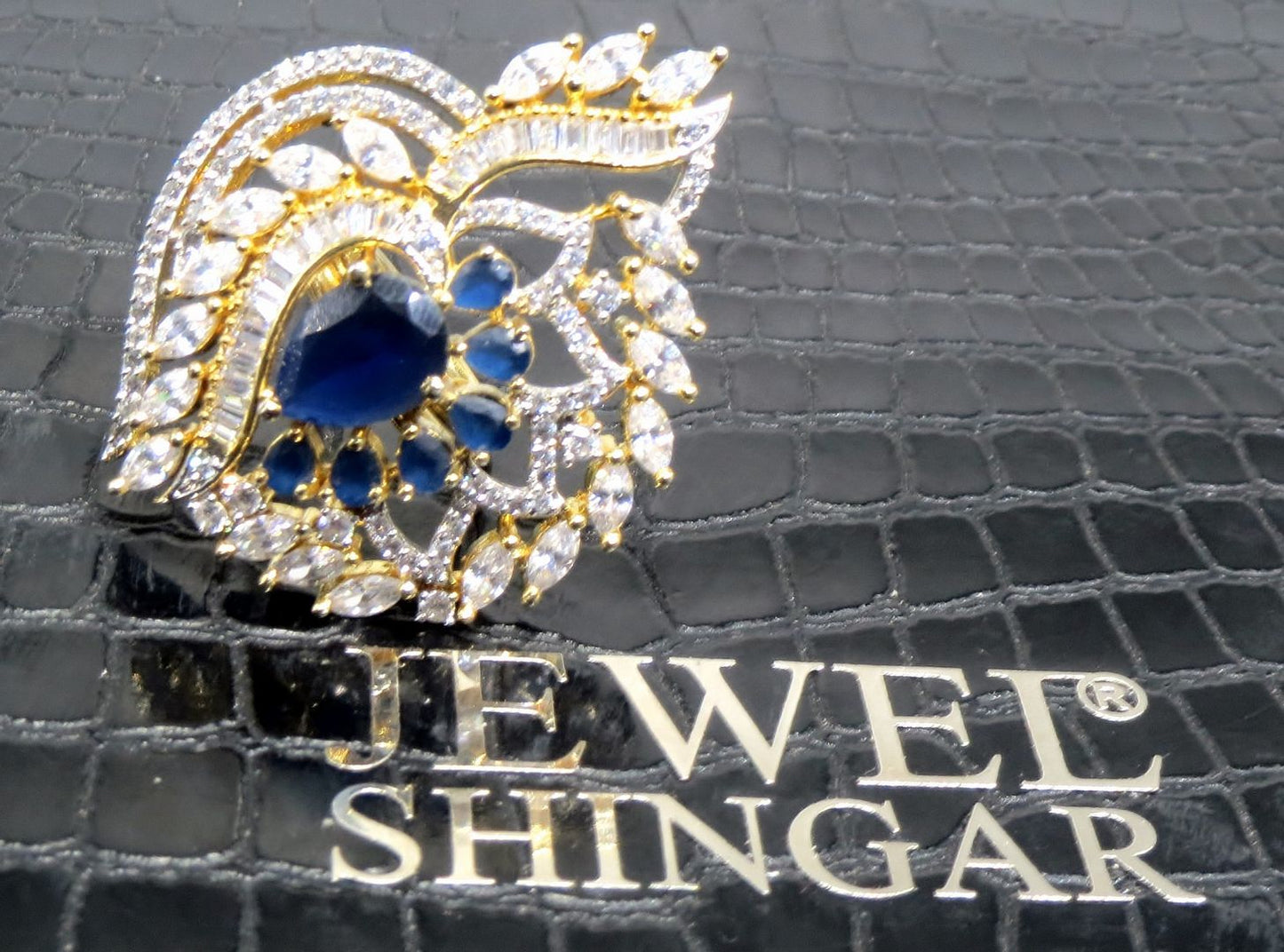 Jewelshingar Jewellery American Diamond Blue Colour Size Freesize Gold Plated Ring For Girls ( 93647FSR )