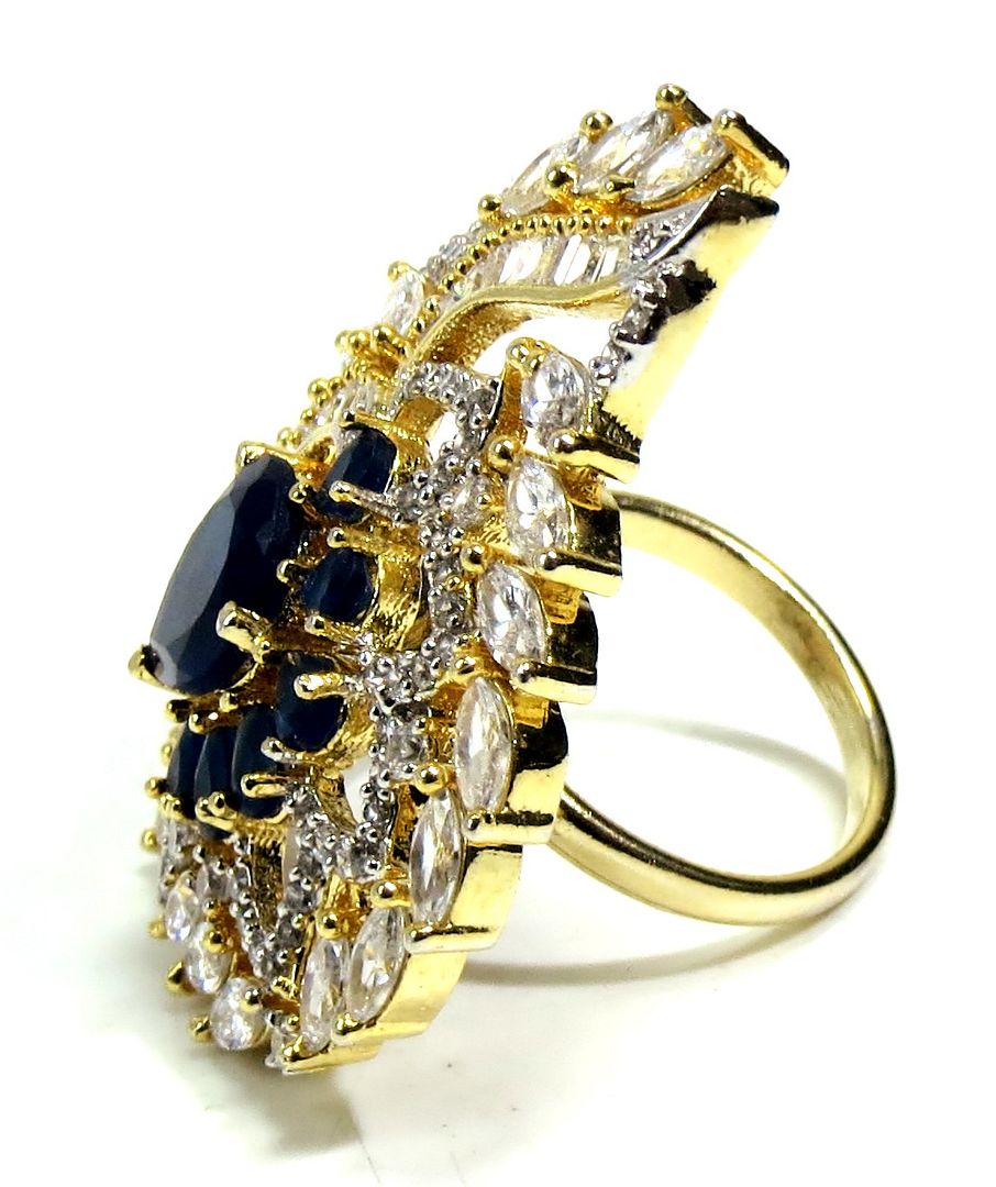 Jewelshingar Jewellery American Diamond Blue Colour Size Freesize Gold Plated Ring For Girls ( 93647FSR )