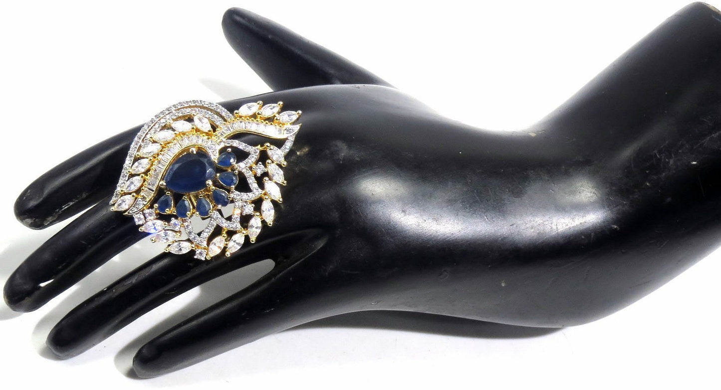 Jewelshingar Jewellery American Diamond Blue Colour Size Freesize Gold Plated Ring For Girls ( 93647FSR )