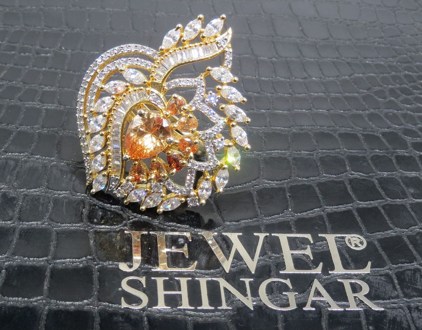 Jewelshingar Jewellery American Diamond Brown Colour Size Freesize Gold Plated Ring For Girls ( 93652FSR )