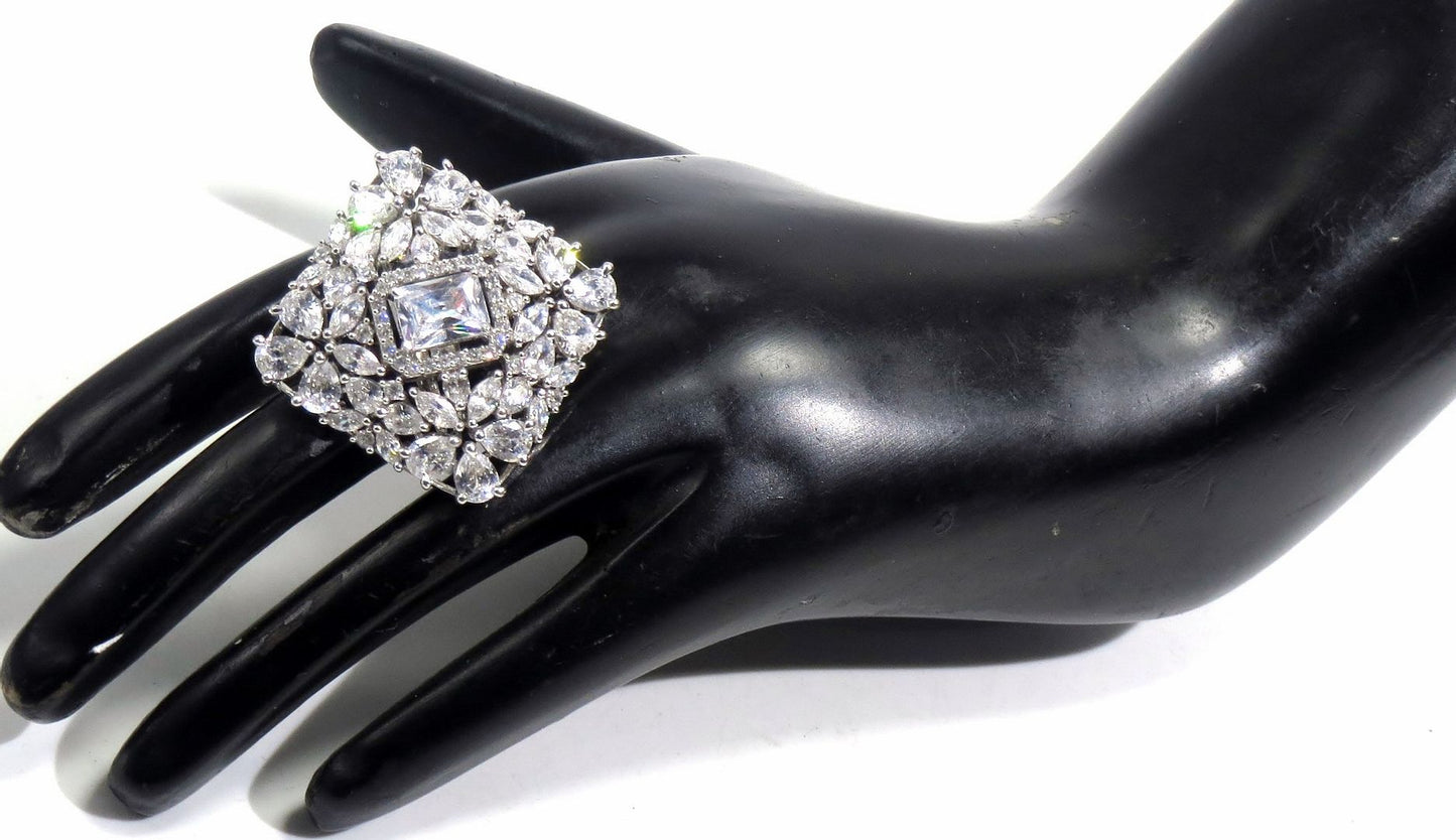 Jewelshingar Jewellery American Diamond Clear Colour Size Freesize Silver Plated Ring For Girls ( 93671FSR )