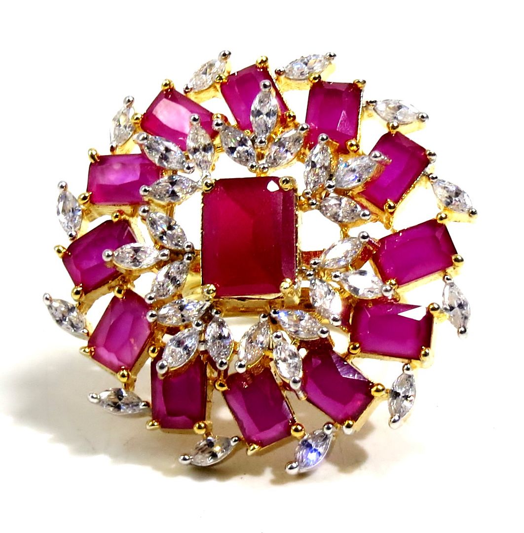 Jewelshingar Jewellery American Diamond Red Colour Size Freesize Gold Plated Ring For Girls ( 93691FSR )