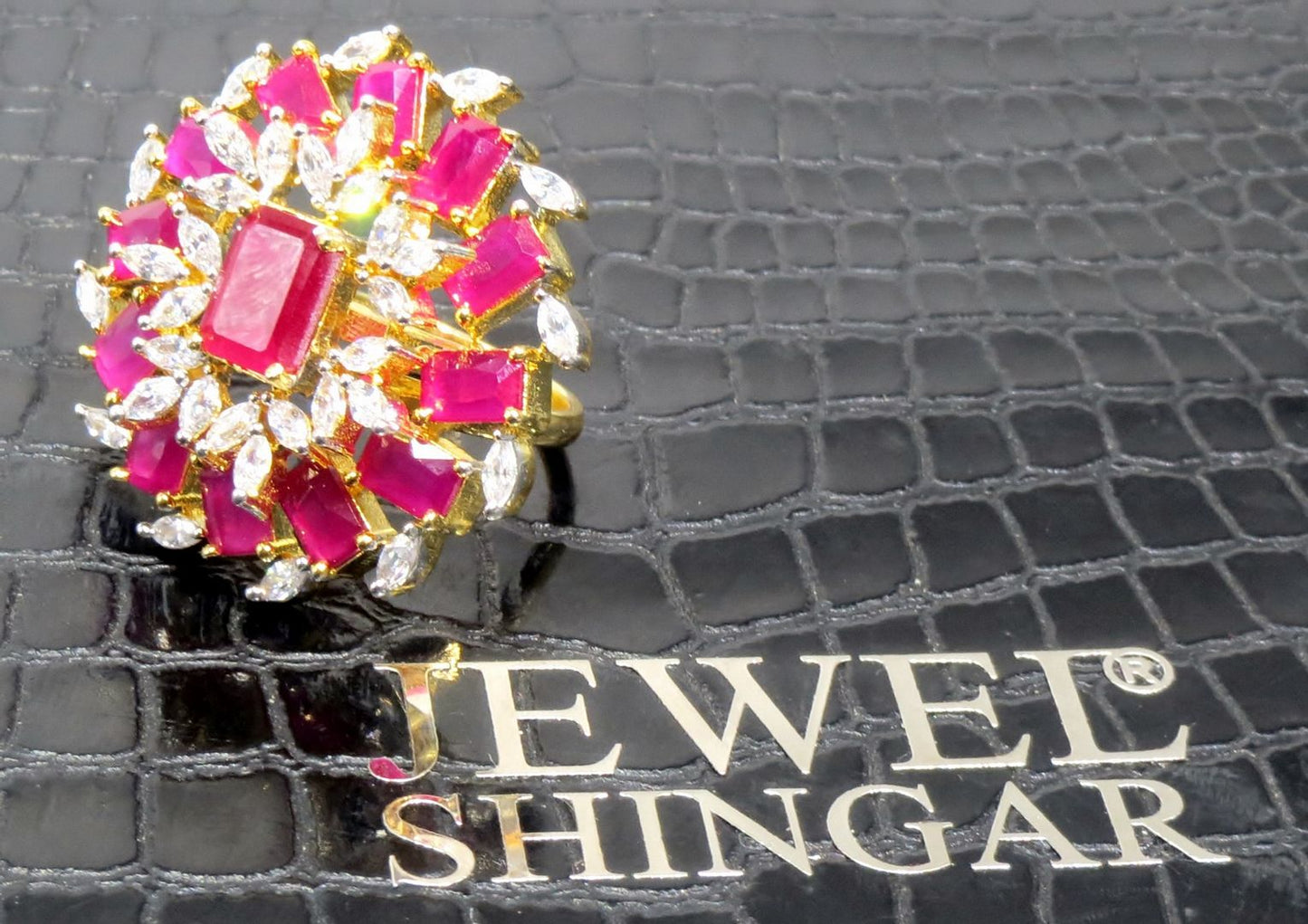 Jewelshingar Jewellery American Diamond Red Colour Size Freesize Gold Plated Ring For Girls ( 93691FSR )