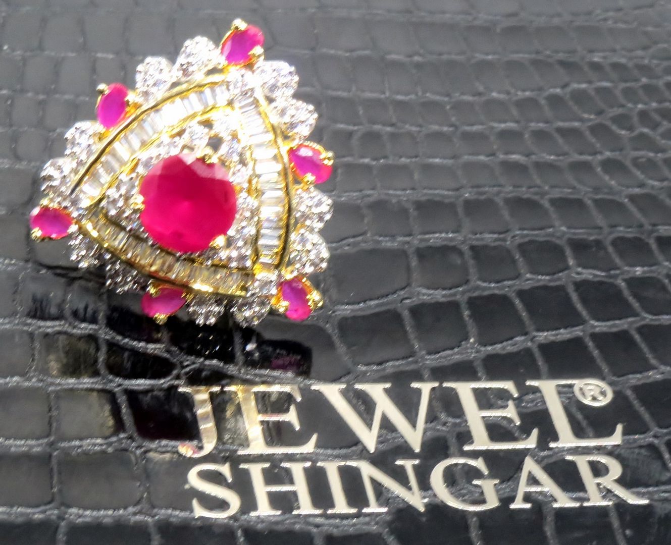 Jewelshingar Jewellery American Diamond Red Colour Size Freesize Gold Plated Ring For Girls ( 93696FSR )
