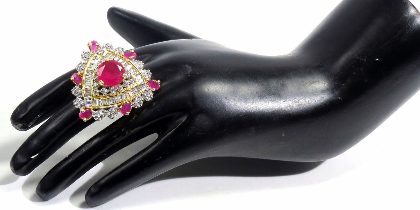 Jewelshingar Jewellery American Diamond Red Colour Size Freesize Gold Plated Ring For Girls ( 93696FSR )