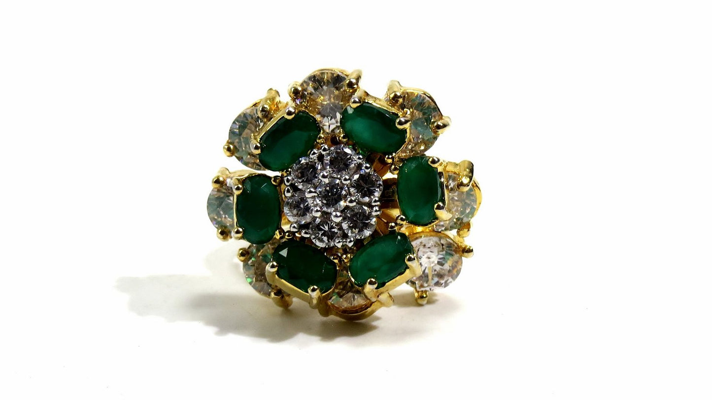 Jewelshingar Jewellery American Diamond Green Colour Size Freesize Gold Plated Ring For Girls ( 93716FSR )