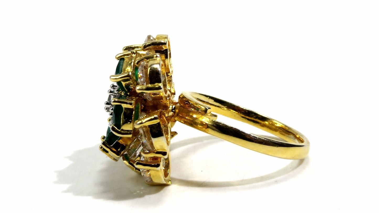Jewelshingar Jewellery American Diamond Green Colour Size Freesize Gold Plated Ring For Girls ( 93716FSR )