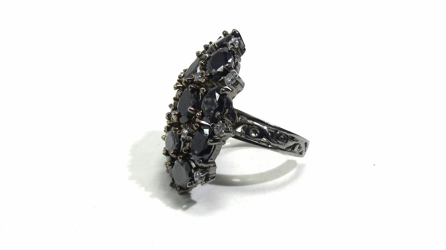 Jewelshingar Jewellery American Diamond Black Colour Size Freesize Victorian Plated Ring For Girls ( 93721FSR )