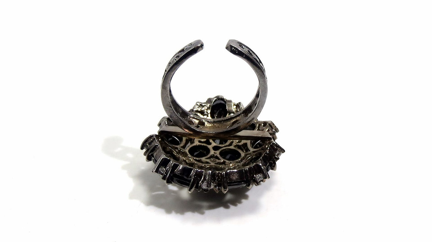 Jewelshingar Jewellery American Diamond Black Colour Size Freesize Victorian Plated Ring For Girls ( 93721FSR )
