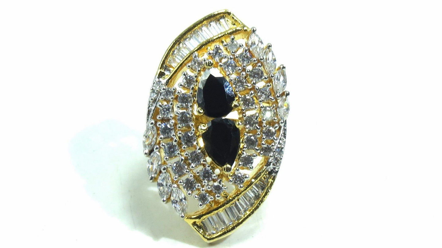 Jewelshingar Jewellery American Diamond Black Colour Size Freesize Gold Plated Ring For Girls ( 93731FSR )