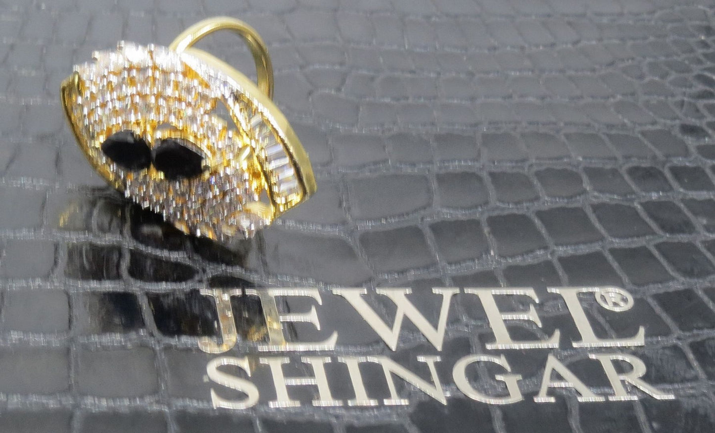 Jewelshingar Jewellery American Diamond Black Colour Size Freesize Gold Plated Ring For Girls ( 93731FSR )