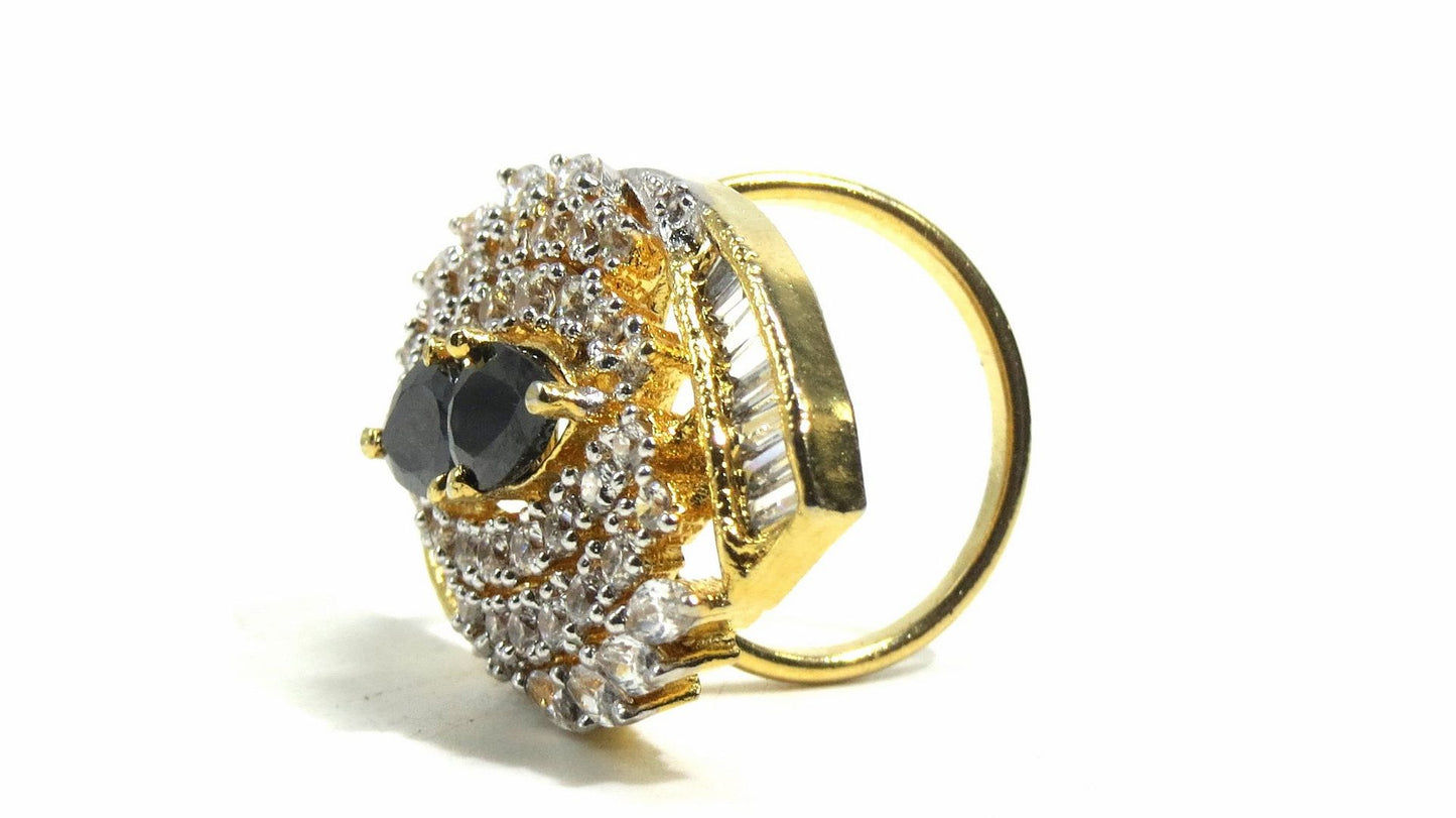 Jewelshingar Jewellery American Diamond Black Colour Size Freesize Gold Plated Ring For Girls ( 93731FSR )