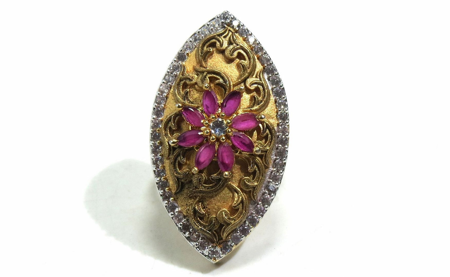 Jewelshingar Jewellery American Diamond Red Colour Size Freesize Gold Plated Ring For Girls ( 93736FSR )