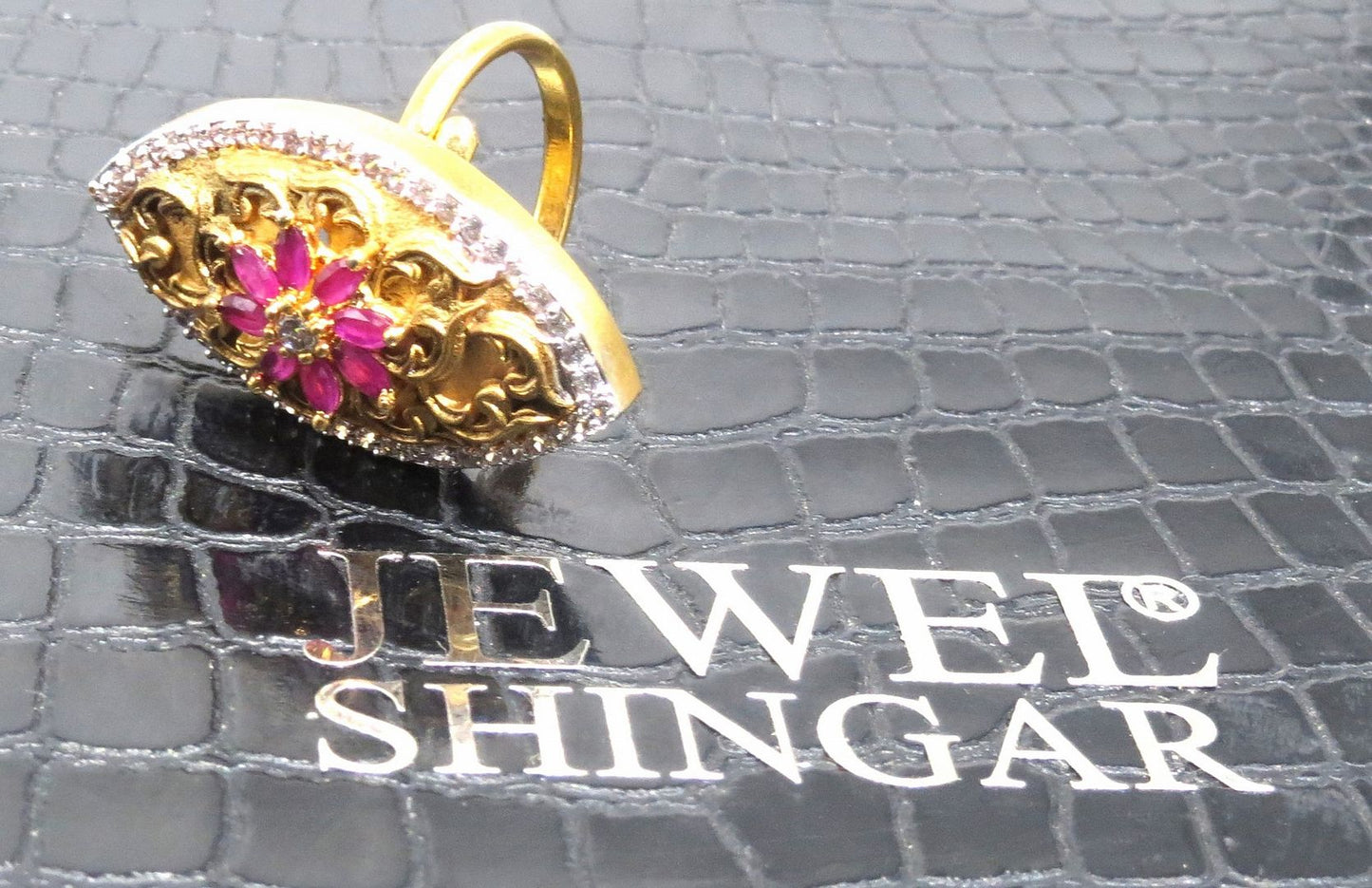 Jewelshingar Jewellery American Diamond Red Colour Size Freesize Gold Plated Ring For Girls ( 93736FSR )