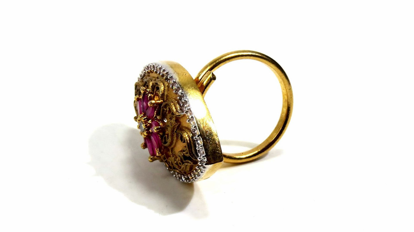 Jewelshingar Jewellery American Diamond Red Colour Size Freesize Gold Plated Ring For Girls ( 93736FSR )